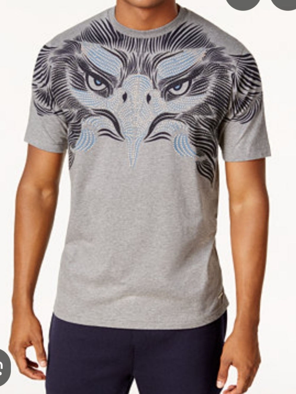 Sean John Mens Grey Graphic Eagle-Print With Art Beads Crewneck T-Shirt Sz.3XL